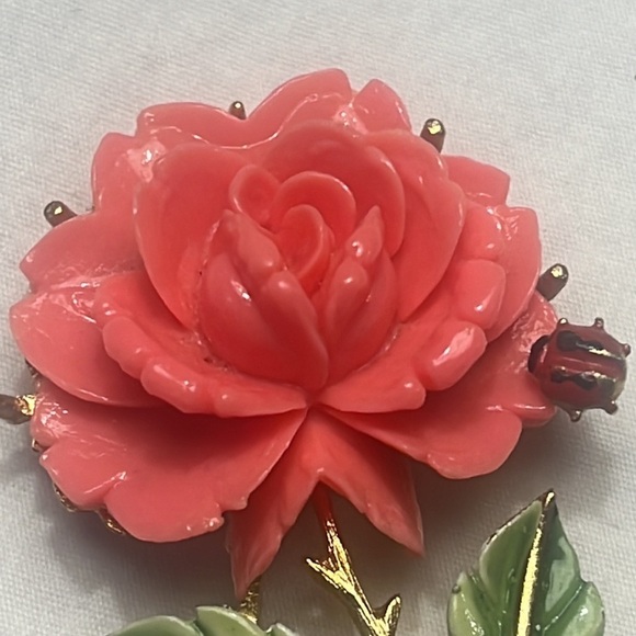 Vintage JJ Rose brooch pin ladybug pink - Picture 2 of 10